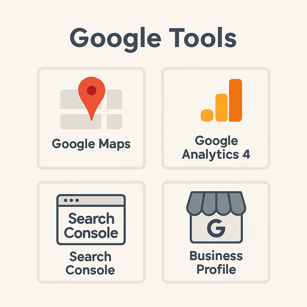 Google Maps・Google Analytics 4・Search Console・Google Business Profile の4つのアイコンが、四分割レイアウトで並んだイラスト。静的HTMLサイトで利用する主要なGoogleツールの役割を表現した画像。